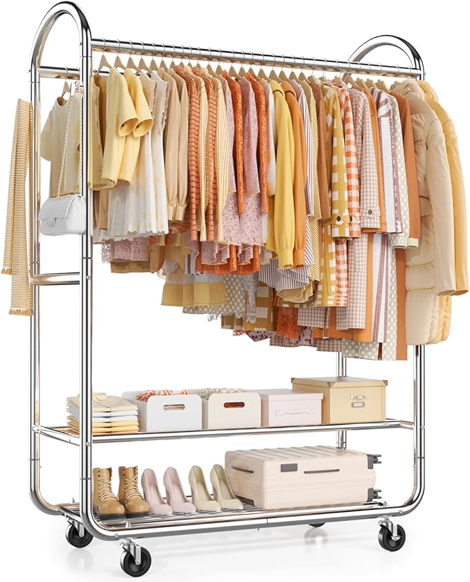 EAGMAK Heavy Duty Clothing Racks for Hanging Clothes 720 Lbs, Rolling Clothes Rack Double Rod Garment Rack with Lockable Wheels, Metal Closet Organizer for Bedroom, Laundry, Retail, Silver