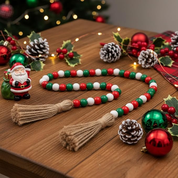 Equsion Seasonal Wooden Bead Garland with Tassels, 3.3 ft Holiday Vintage Boho Bead Garland Easter Tray Decoration, Vase Wall Room Art Birthday Party Decoration(Christmas Colors)
