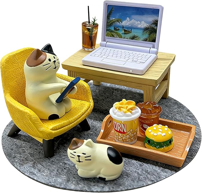 11-Piece Cats Figurines:Mobile Phone Cat Office Decor,Featuring Computer,Desk,Sleeping Cat,Iced Coffee Cute Resin Decor for Offices,Gardens,and Homes The for Cat Lovers