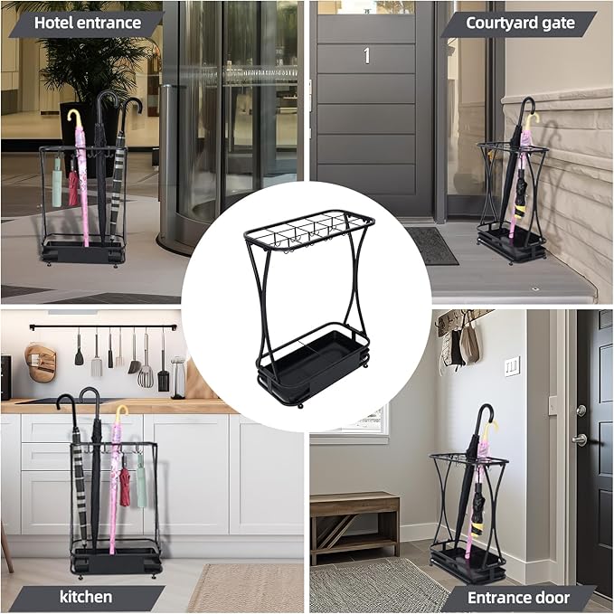 15 Slot Umbrella Stand with 8 Hooks – Heavy Duty Metal Indoor Umbrella Rack Holder with Removable Drip Tray – Large Commercial Entryway Organizer for Office, Lobby or Home
