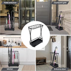 15 Slot Umbrella Stand with 8 Hooks – Heavy Duty Metal Indoor Umbrella Rack Holder with Removable Drip Tray – Large Commercial Entryway Organizer for Office, Lobby or Home