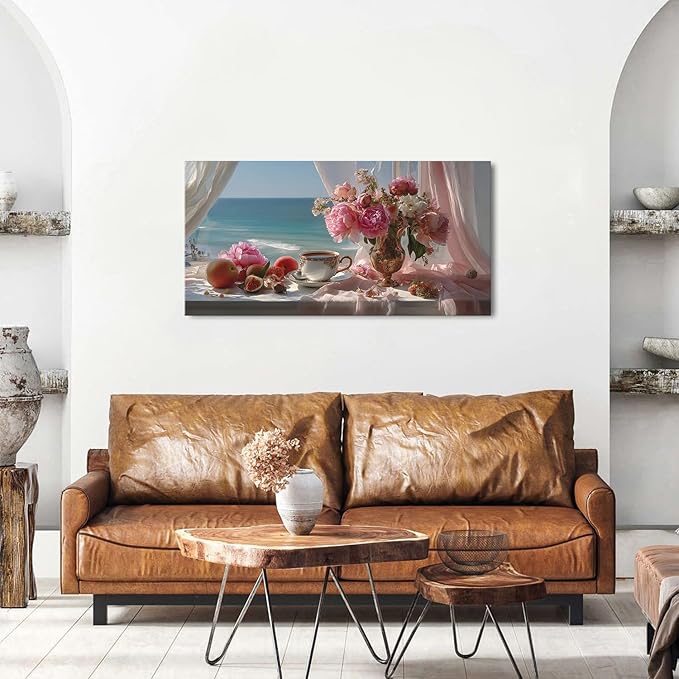 Vintage Pink Flower Wall Art Retro Flowers in Golden Vase Pictures Blue Ocean Coastal Landscape Canvas Prints Blossom Painting Poster Floral Artwork for Living Room Bathroom Home Decoration 20x40"