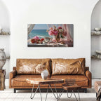 Vintage Pink Flower Wall Art Retro Flowers in Golden Vase Pictures Blue Ocean Coastal Landscape Canvas Prints Blossom Painting Poster Floral Artwork for Living Room Bathroom Home Decoration 20x40"