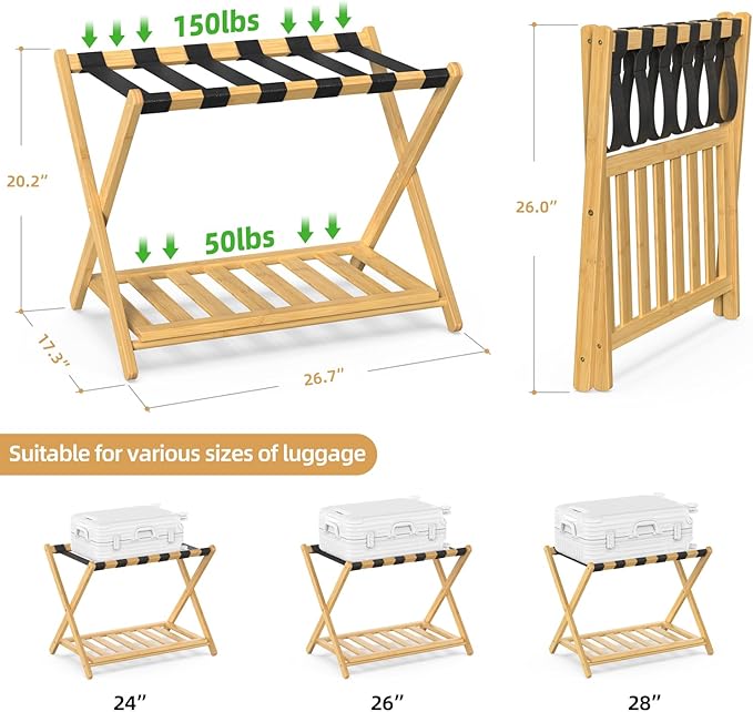 2 Pack Bamboo Luggage Rack for Guest Room, 26.77" Folding Wide Suitcase Stand with Storage Shelf, Thickened Luggage Stand Holder for Bedroom Hotel, Luggage Rack for Suitcases (Natural)