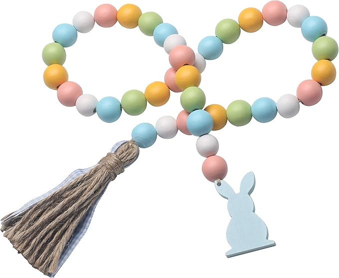 Easter Spring Wood Beaded Garland with Tassels and Bunny Tag Farmhouse Wooden Beads for Tiered Tray Decorations Holiday Country Rustic Prayer Boho Beads Rae Dunn Shelf Décor (Easter Bunny Blue)