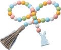 Easter Spring Wood Beaded Garland with Tassels and Bunny Tag Farmhouse Wooden Beads for Tiered Tray Decorations Holiday Country Rustic Prayer Boho Beads Rae Dunn Shelf Décor (Easter Bunny Blue)