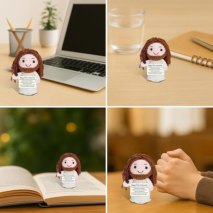 Fleure Esme First Communion Gifts Crochet - Jesus Crochet Doll with First Communion Card - Catholic Holy Communion Favors Decorations - Confirmation Baptism Crochet Christian Easter Basket Stuffers