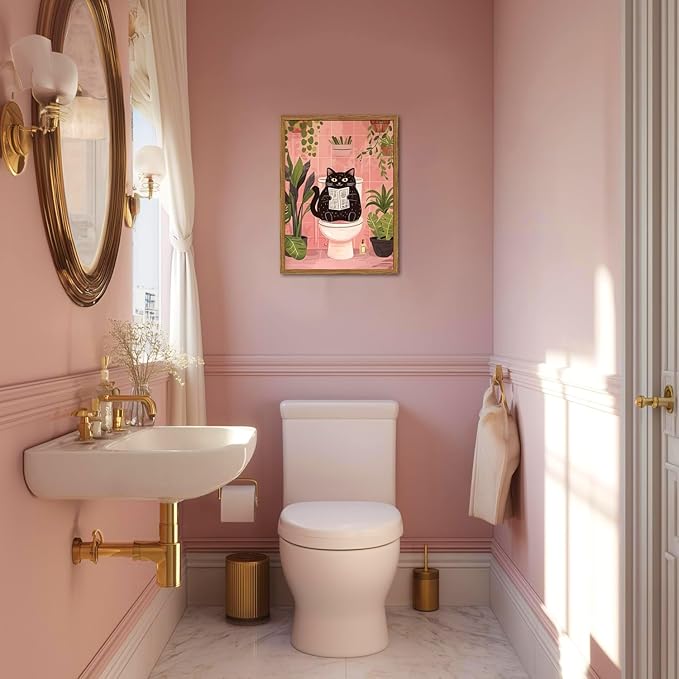 Framed Funny Bathroom Black Cat Canvas Wall Art Set of 2, Cute Cat Reading Newspaper on Toilet Pictures Wall Decor, Humor Animal in Bathtub Paintings Prints for Restroom 16x24 inch