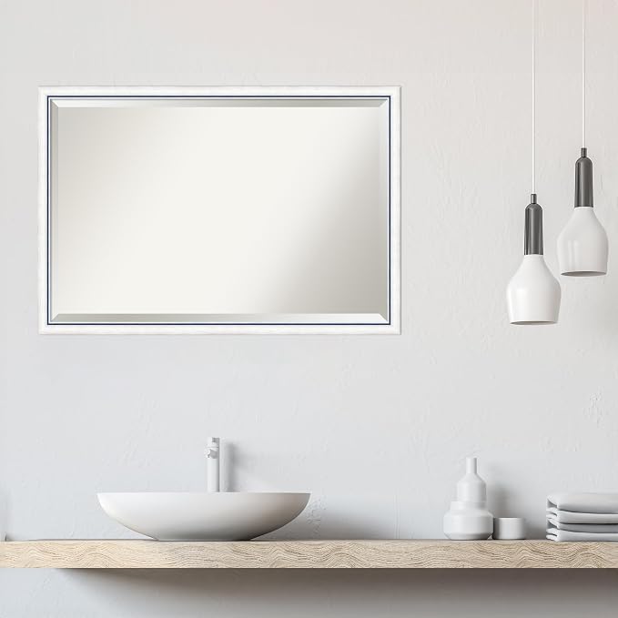 Amanti Art White Wall Mirror 26x38 Morgan White Blue Rectangle Bathroom Mirror for Wall Decor Living Room, Large Modern Wood Frame, Hangs Horizonally and Vertically, Bathroom Decor, Beveled Edge