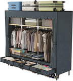 Portable Wardrobe, Freestanding Closet Hanging Organization, Metal Frame with Grey Fabric Cover, 3 Storage Compartments, 3 Hanging Rods, 3 Drawers.