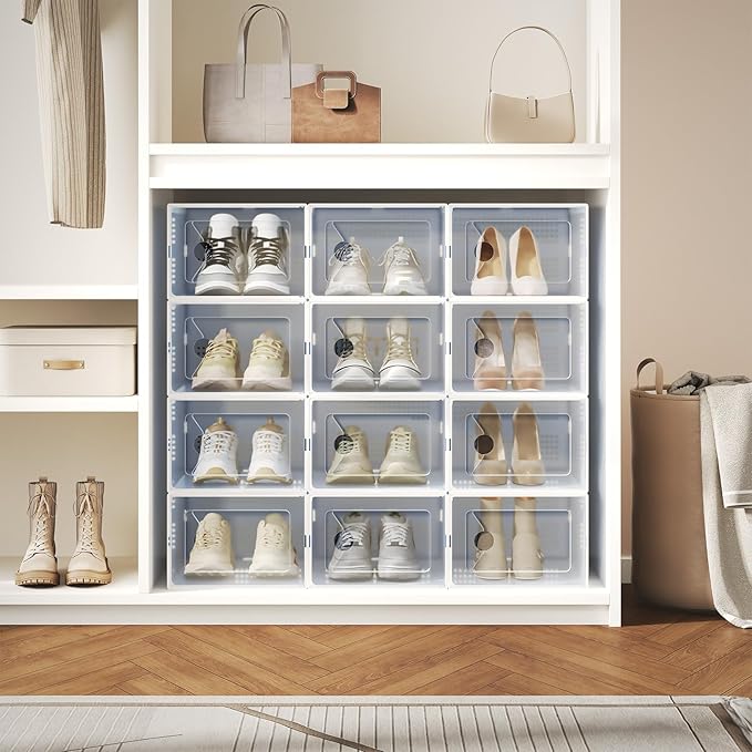 NEWBULIG 24 Clear Shoe Storage Boxes, Shoe Organizer for Closet with Lid, Plastic Stackable Breathable Shoe Cabinet with Lid for Sneakers, Heels & Boots, White