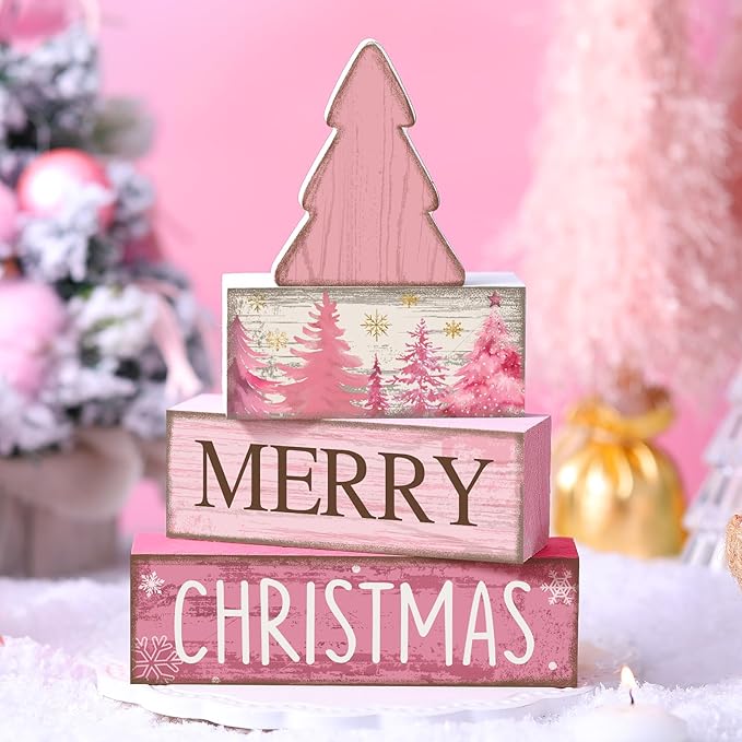 Lineshading 4 Pcs Christmas Table Decoration Wooden Pink Christmas Tree Centerpieces Decor Winter Tiered Tray Decor Rustic Decorative Tree Block Signs Gift Farmhouse Xmas Decoration for Home Kitchen
