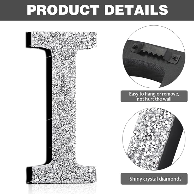 Qunclay 5.7" Silver Crystal Diamond Bling Letters Crushed Diamond Decoration Wooden Glitter Letter with Screw and Hooks Rhinestone Gift for Wedding Y2k Mcbling Bedroom Wall Decor (Letter I)