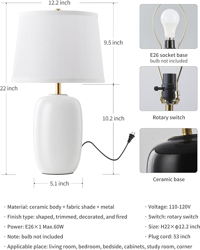 PUSU 22 Inch White Ceramic Table Lamps Set of 2, Fabric Lampshade Living Room Office Desk lamp, E26 Socket Rotary Switch Lighting for Bedroom, Nightstand, Reading, Office, Study, Corner, Home Decor