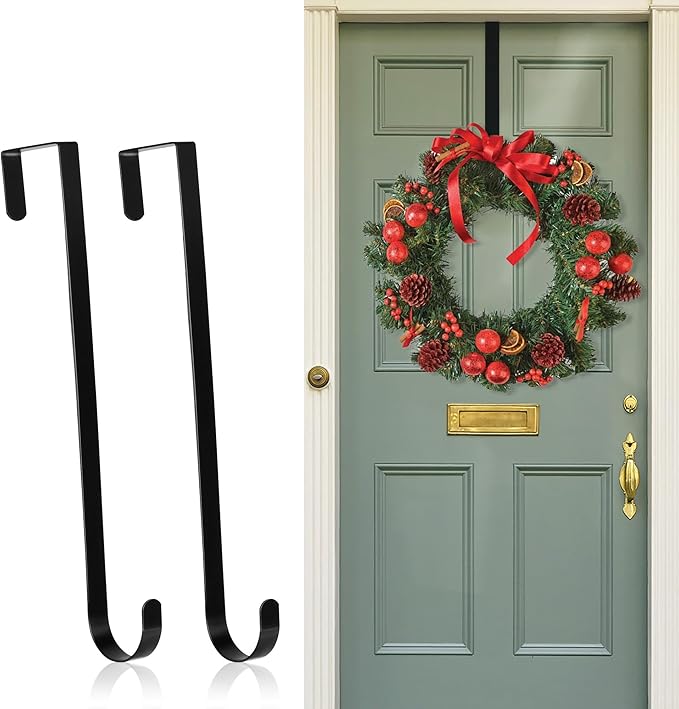 2 Pack Wreath Hangers for Front Door,14 Inch Wreath Hanger Hook for Front Porch Decor,Metal Over The Door Hooks Hanger for Halloween Fall Christmas Decorations Outdoor Indoor Home Decor,Black