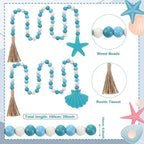 Janinka 2 Pcs Farmhouse Seashell Bead Garland with Tassels Decorative Beads Decor Nautical Farmhouse Tiered Tray Decorations Set Coastal Garland for Home and Kitchen, Wooden Beads (Blue)