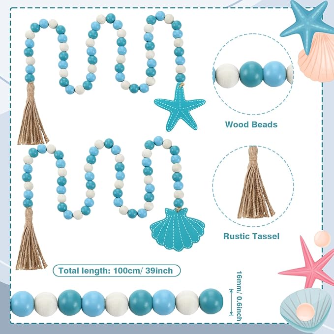 Janinka 2 Pcs Farmhouse Seashell Bead Garland with Tassels Decorative Beads Decor Nautical Farmhouse Tiered Tray Decorations Set Coastal Garland for Home and Kitchen, Wooden Beads (Blue)