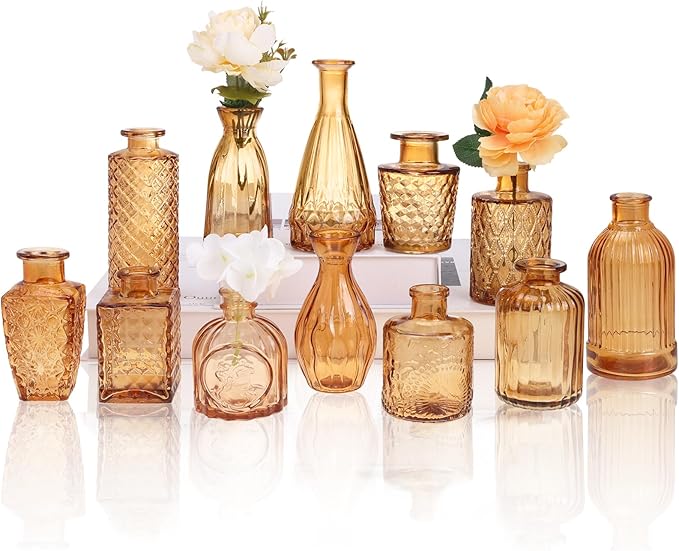 12 Pack Amber Gold Glass Bud Vase Set, Small Vintage Vases for Centerpieces, Decorative Flower Vases for Wedding Home Table Decor