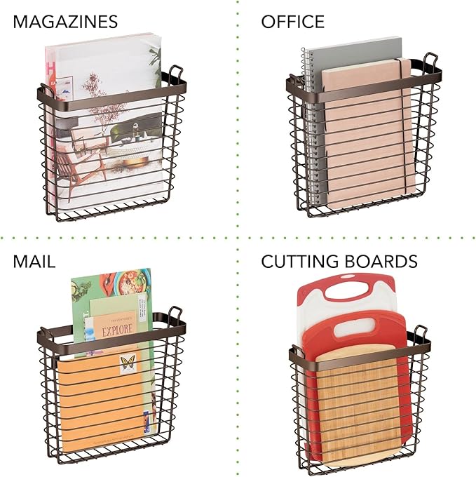 mDesign Metal Wire Farmhouse Wall Mount Magazine Holder, Home Storage Organizer - Space Saving Rack for Magazines, Books, Newspapers, Tablets in Mudroom, Bathroom, Office - Bronze
