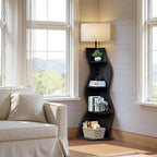 Evermagin 4 Tier Corner Shelf with Light, 64'' Tall Corner Bookshelf with Unique Shape, Stylish Wavy Bookcase Tower with Storage Organizer for Small Space, Living Room, Bedroom (Black)