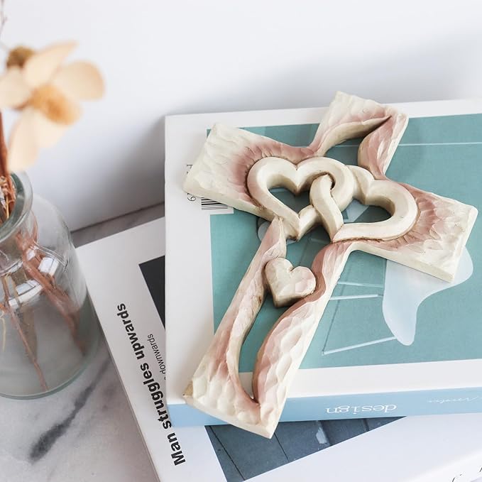 Oooct Carved Cross, Resin Cross Wall Decor, Intertwined Hearts & Never Separates Love, Great Christian Gift, Wall Art Gift, Home Living Room Decor - 6.85 × 5.12 Inch