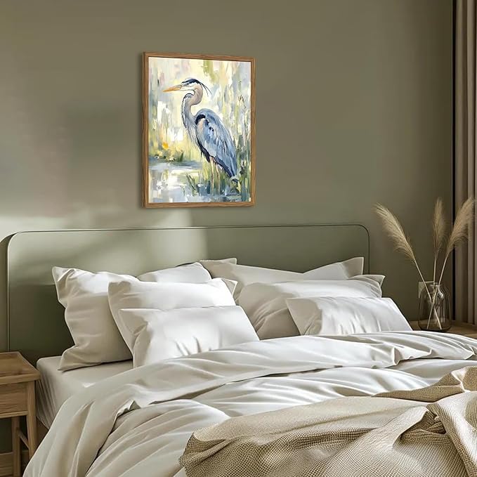 Framed Blue Heron Wall Art, Watercolor Sea Bird Pictures Wall Decor, Coastal Nature Wildlife Animal Paintings Canvas Prints for Living Room Bedroom Bathroom Office Home Decor 16x24 inch