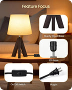 Tripod Table Lamp, 14.6" Small Bedside Table Lamp, Modern Nightstand Lamp with White Linen Shade & Dark Walnut Base, Boho Desk Lamp for Bedroom, Kids Room, Living Room, Study, VW51TL05