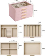 pickpiff Jewelry Box Organizer Case for Women: 4-Layer Jewelry Storage Case with Glass Window, Pink Leather with Velvet Holder for Ring Necklace Bracelet Brooch Watch, Great Gift for Her