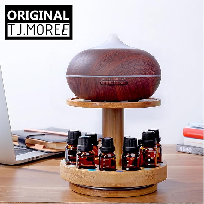 TJ.MOREE Bamboo Diffuser Holder Carousel- 2 Tier Height Increase Rack with Upper Tray for Holding Diffuser, for 5ml, 10ml, 15ml, 20ml Essential Oils Bottles