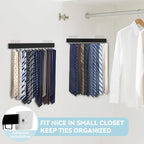 Tie Rack Wall Mount, Adhesive Wooden Closet Tie Hanger with 24 Metal Hooks, Large Capacity, 2 Installation Options, Black, 2 Pcs