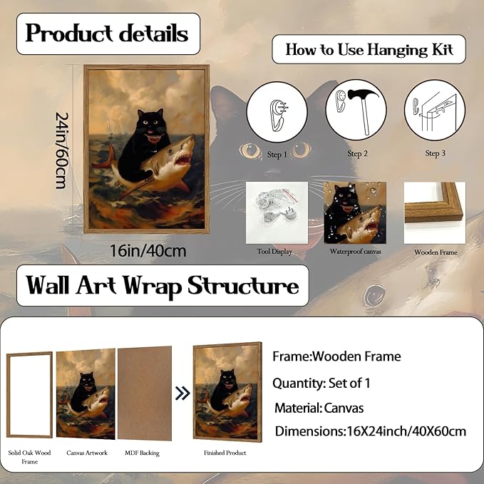 Funny Black Cat Wall Art Whimsical Cat Riding a Shark Wall Decor Picture Unique Animal Ocean Poster Canvas Painting Prints for Bedroom Living Room 16x24 inch Framed