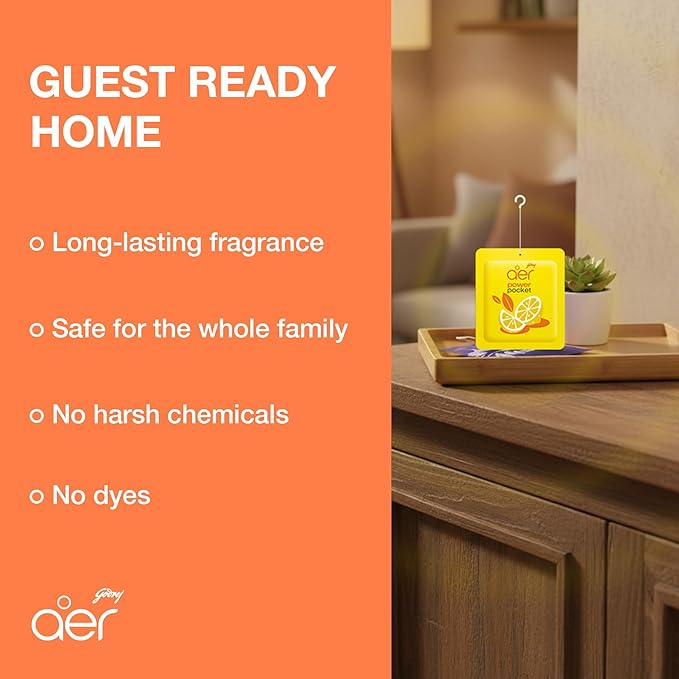 Godrej Ezee Aer Power Pocket Bright Tangy Delight Bathroom Fragrance 10 g, 6-Pack, Yellow