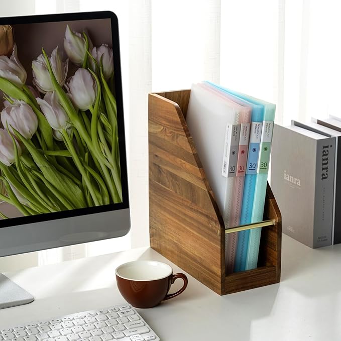 MyGift Premium Hotel Series Solid Acacia Wood Desktop Magazine File Holder Bin with Brass Tone Metal Accent, Vertical Office Desk Document Folder Binder Storage Organizer Rack