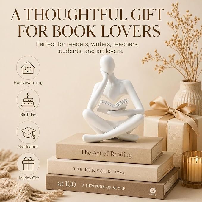 White Bookshelf Decor Thinker Statue, Abstract Reading Figurine Style A, Resin Decorative Bookend for Coffee Table, Shelf, Home Office, Library