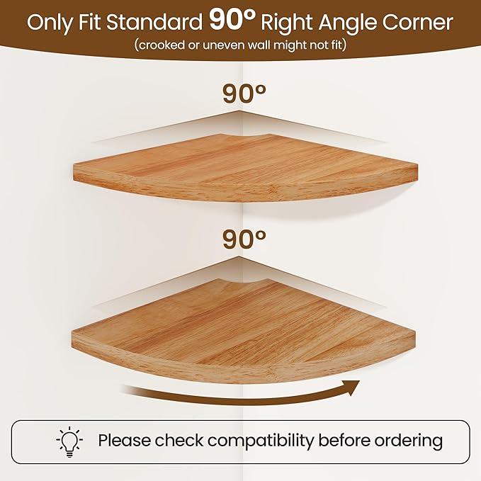 Fun Memories Corner Shelf Wall Mount, Solid Oak Wood Floating Corner Shelves with Cable Hole, 8.5in Rustic Design for Bedroom, Bathroom, Kitchen, Living Room (Natural, 1 Pack)