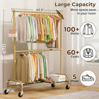 MISSLO Heavy Duty Clothes Rack for Hanging Clothes Rolling Clothing Rack Heavy Duty on Wheels for Coat, Garment, Gold(Double Rod)