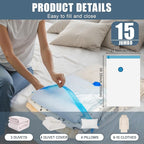 15 Jumbo Vacuum Storage Bags, Vacuum Seal Bags for Clothing Space Saver Compression Storage Bag with Hand Pump Extra Large for Clothing Travel Comforters Blankets Pillow Bedding Duvets Clothes