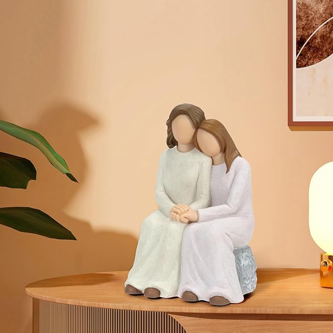 Mother Daughter Resin Figurine, Hand-Painted Mom Daughter Sculpture Artwork, Family Memorial, & Home Décor