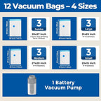 ETENWOLF 12 Pack Vacuum Storage Bags with Rechargeable Wireless Pump, Vacuum Seal Bags for Clothes and Travel, Space Saver Bags in Multiple Carry-On Sizes, Perfect for Luggage and Suitcases