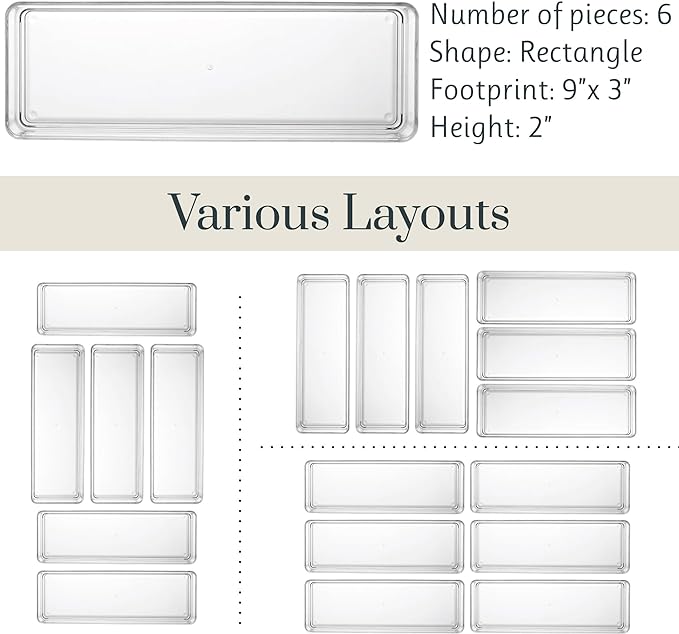 STORi SimpleSort 6-Piece Stackable Clear Drawer Organizer Set | 9" x 3" x 2" Rectangle Trays | Narrow Makeup Vanity Storage Bins and Office Desk Drawer Dividers | Made in USA