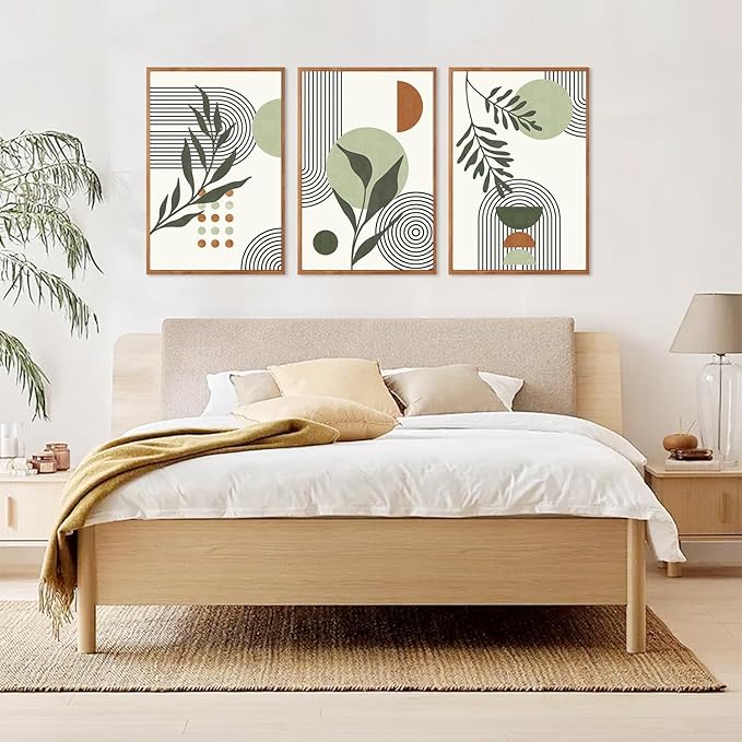 KAlRNE Sage Green Boho Beige Framed Canvas Wall Art Set of 3(24”X36”),Abstract Geometric Line Leaf Wall Decor,Botanical Minimalist Neutral Art Prints For Living Room Bedroom Office