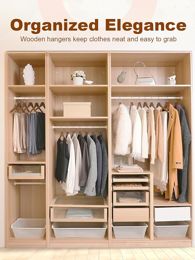 HOUSE DAY Walnut Wooden Hangers 20 Pack, Solid Wood Hanger with Non Slip Pant Bar, Heavy Duty Wooden Coat Hanger for Closet, Smooth Finish Wood Clothes Hangers for Shirts, Suits, Jackets, Dress