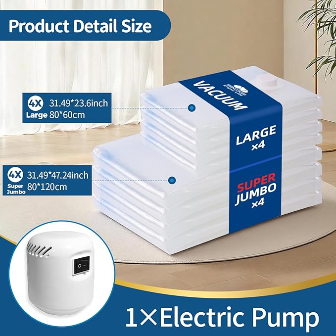 Vacuum Storage Bags with Electric Pump, 8 Pack (4 Large and 4 Super Jumbo), Heavy Duty Reusable PA+PE Space Saver Bags for Bedding, Comforters, Blankets, Clothes, Home and Travel Storage