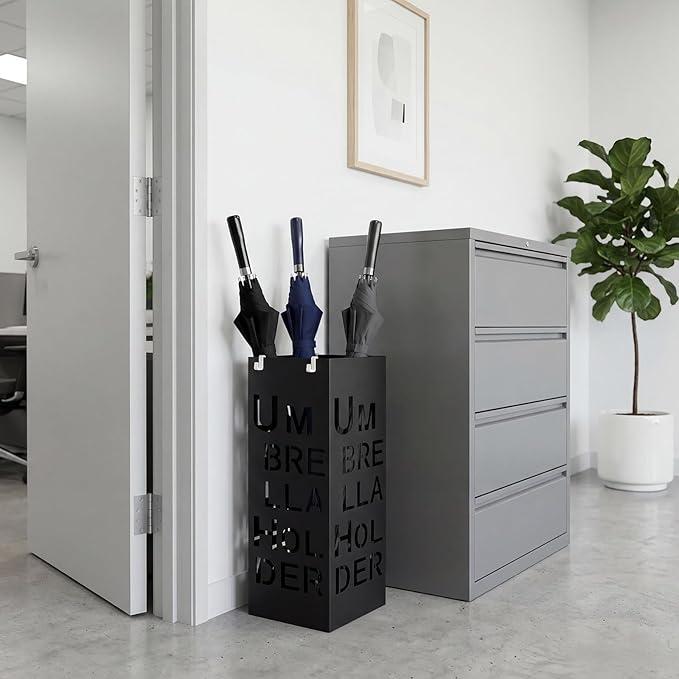 Square Metal Umbrella Holder, Square Free Standing Umbrella Rack Decorative Umbrella Holder Hollow Cutout Pattern Design for Umbrella Cane Entryway Home Office 19.49" X 6.1" X 6.1"(Black hollowed out)