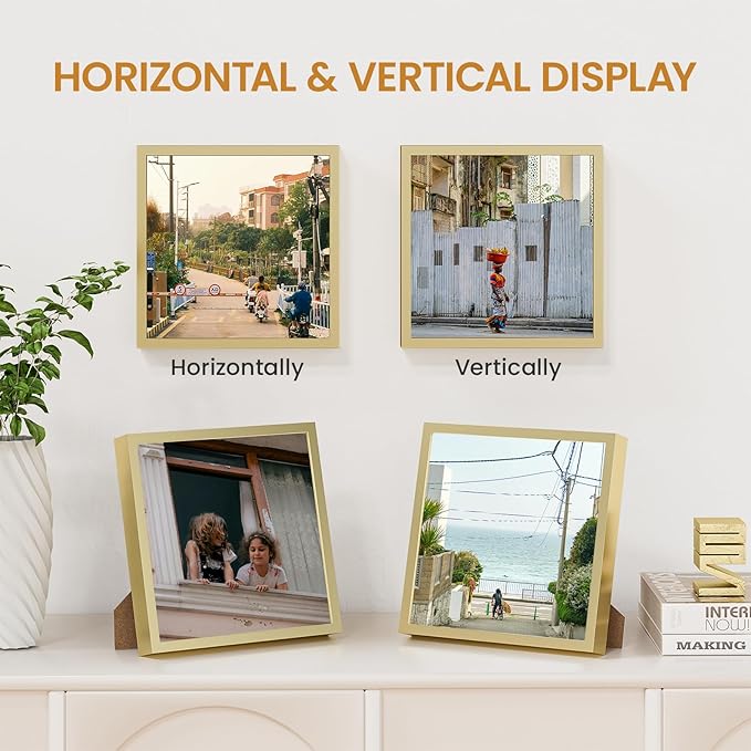 7x7 Aluminum Metal Picture Frame,Tempered Glass Gold Photo Frame 7x7 for Family Photo,Posters,Art,Document to Wall Mount Horizontally or Vertically