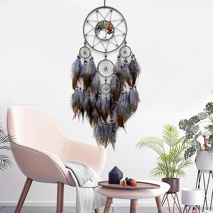 Grey Large Dream Catcher Wall Decor Crystal Tree of Life Dream Catchers Handmade Feather Dreamcatcher Wall Hanging Ornament for Bedroom Living Room Home Decor