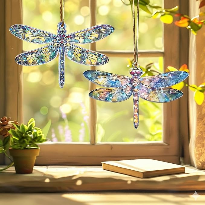 Set Two Dagonfly Ornament, Dragonfly Gift for Women, Dragonflies Decor Suncatcher Effect, Dragon Fly Stained Glass, Dragonfly Ornaments for Christmas Tree, Birthday Gift for Mom