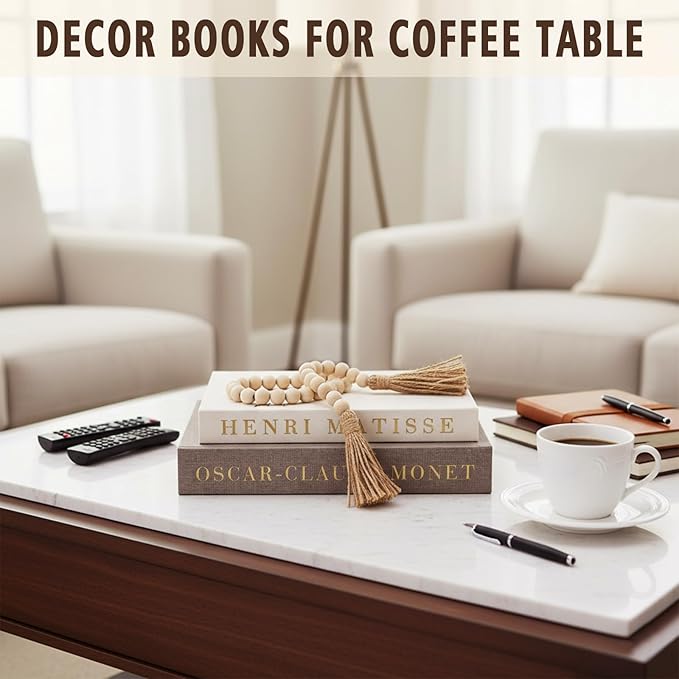 Decorative Books for Home Decor, Coffee Table Decor with Linen White Books Stack Bookshelf, Fake Book Double as Libros Decorativos and Photo Storage (3 Piece Set with Beads)