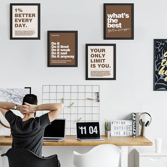 DSHFG Motivational Inspirational Office Wall Art Decor Prints Set of 4, Black Motivational Wall Decor Trendy Retro Posters for Office Home Decor, 8x10 Unframed (Brown)