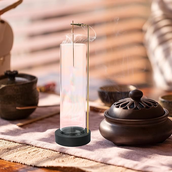 Incense Holder for Sticks, Anti-Ash Flying Incense Burner with 30 Incense Sticks, Detachable Glass Ash Catcher (Black, 2Pcs